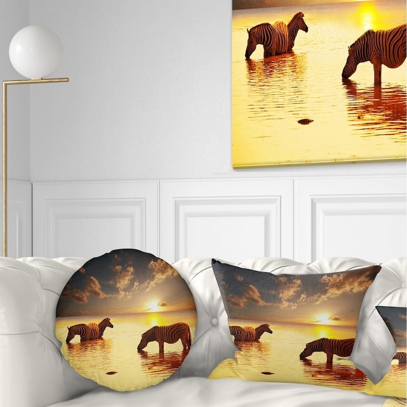 Designart 'Zebras in Water At Sunset' African Throw Pillow - Round - 20 inches round - Large