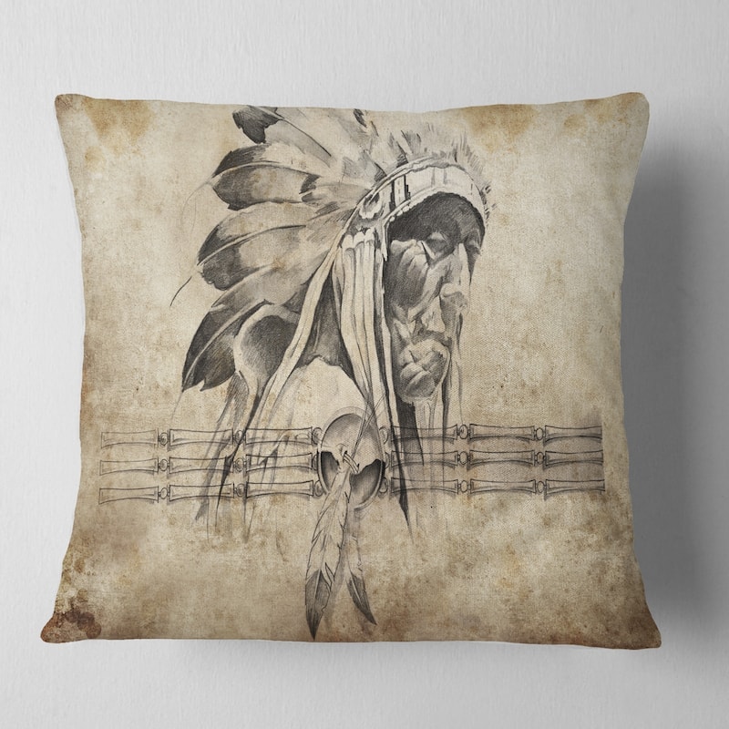 Designart 'American Indian Warrior Tattoo Sketch' Abstract Throw Pillow