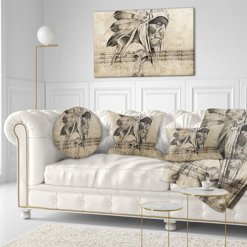 Designart 'American Indian Warrior Tattoo Sketch' Abstract Throw Pillow
