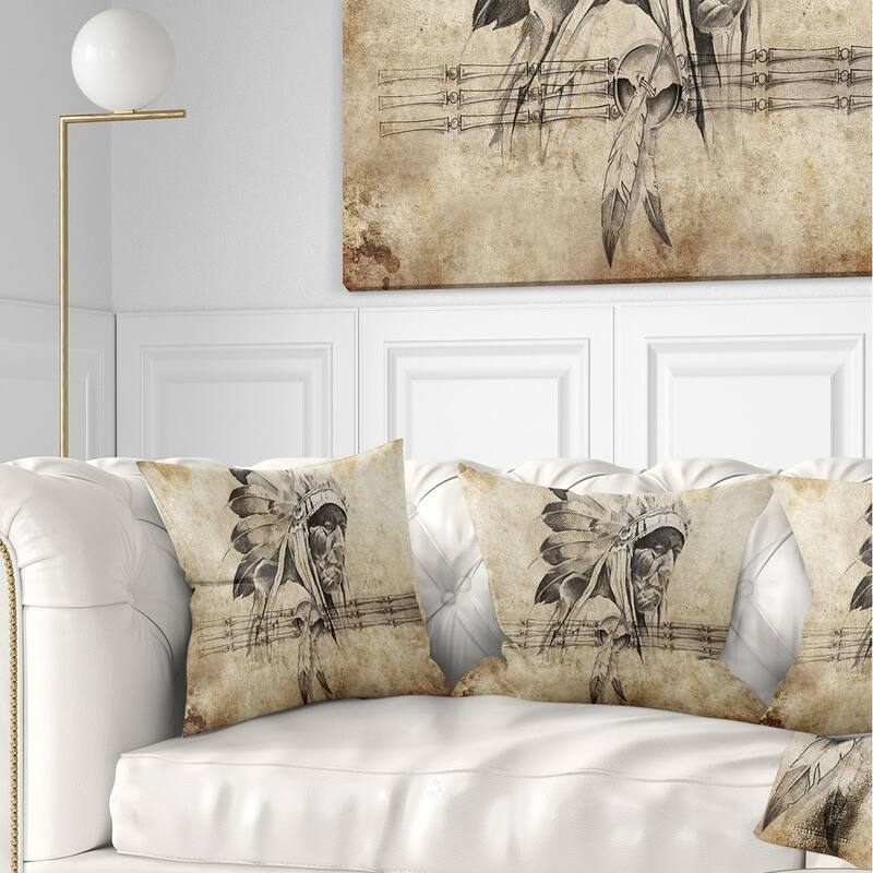 Designart 'American Indian Warrior Tattoo Sketch' Abstract Throw Pillow - Square - 16 in. x 16 in. - Small