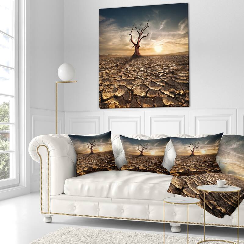 Designart 'Lonely Dead Tree in Cracked Land' Landscape Printed Throw Pillow