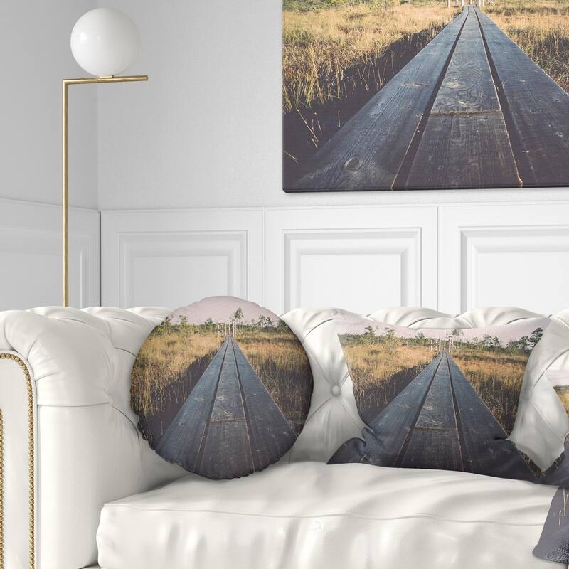 Designart 'Wood Footpath on the Bog in Fall' Landscape Printed Throw Pillow - Round - 16 inches round - Small