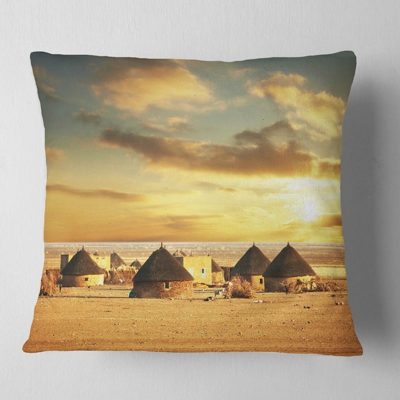 Designart 'Beautiful African Village Huts' African Landscape Printed Throw Pillow - Square - 18 in. x 18 in. - Medium