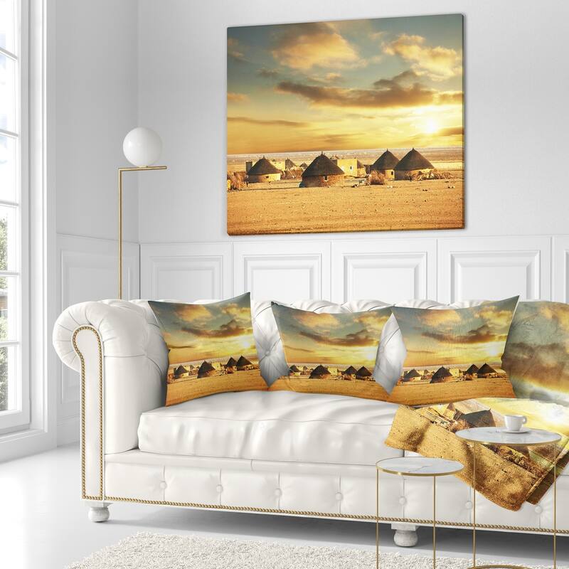 Designart 'Beautiful African Village Huts' African Landscape Printed Throw Pillow