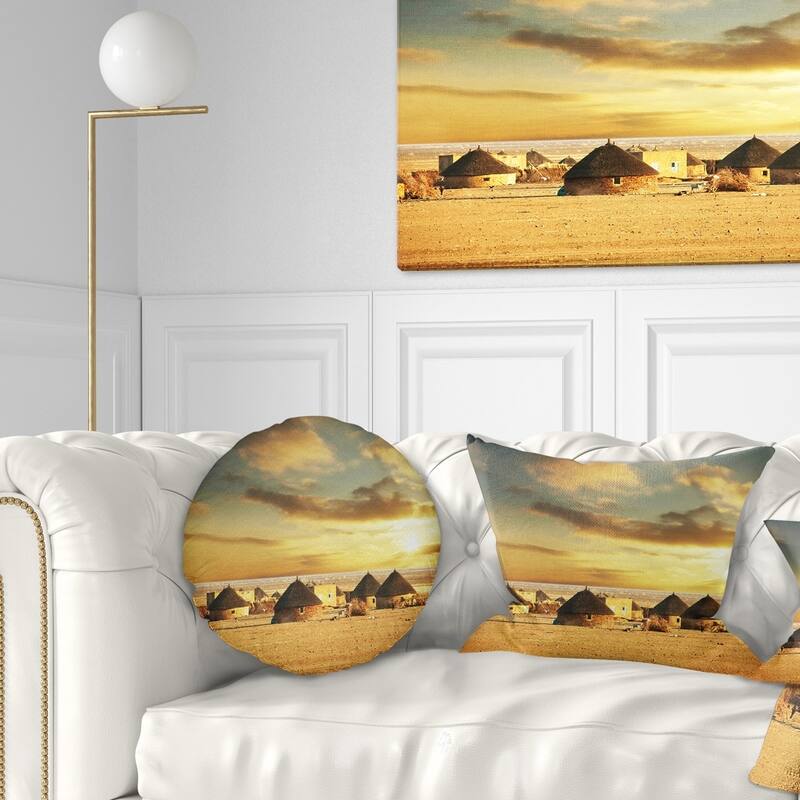 Designart 'Beautiful African Village Huts' African Landscape Printed Throw Pillow - Round - 16 inches round - Small