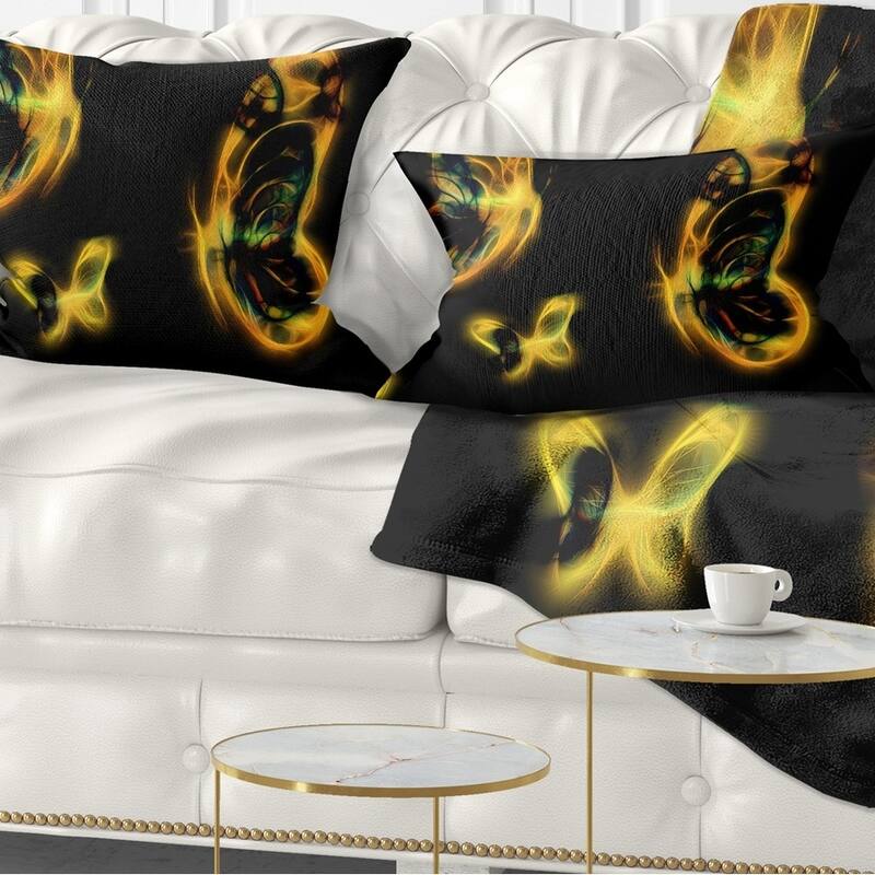 Designart 'Yellow Fractal Butterflies on Black' Floral Throw Pillow - Rectangle - 12 in. x 20 in. - Medium