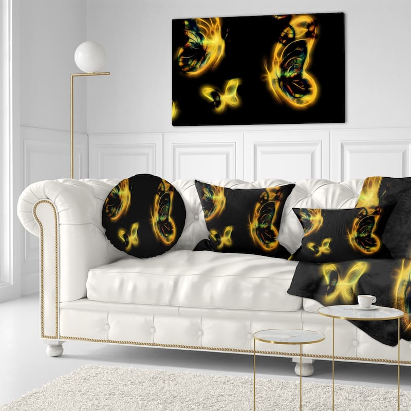 Designart 'Yellow Fractal Butterflies on Black' Floral Throw Pillow
