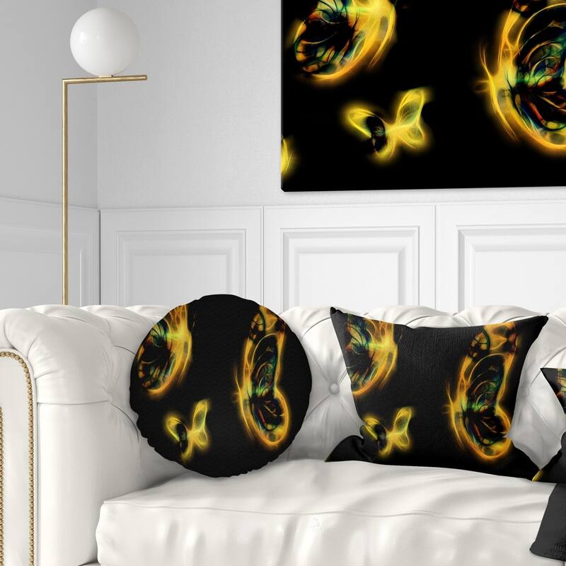 Designart 'Yellow Fractal Butterflies on Black' Floral Throw Pillow - Round - 16 inches round - Small