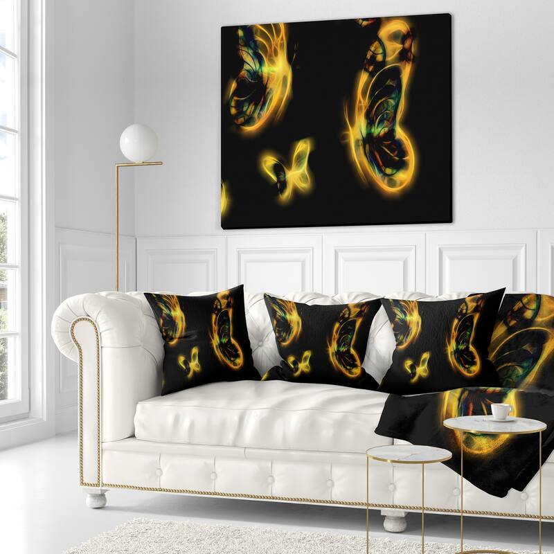 Designart 'Yellow Fractal Butterflies on Black' Floral Throw Pillow