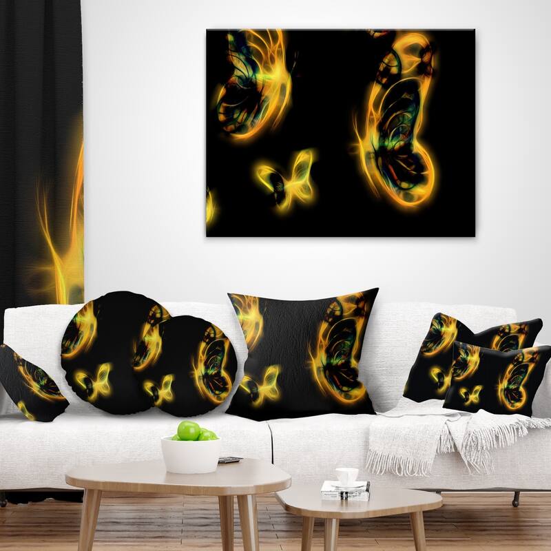Designart 'Yellow Fractal Butterflies on Black' Floral Throw Pillow