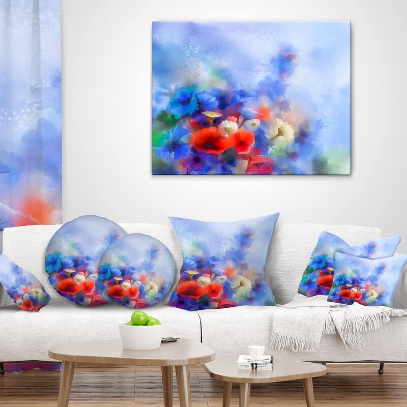 Designart 'Blue Corn Flowers and Red Poppies' Floral Throw Pillow