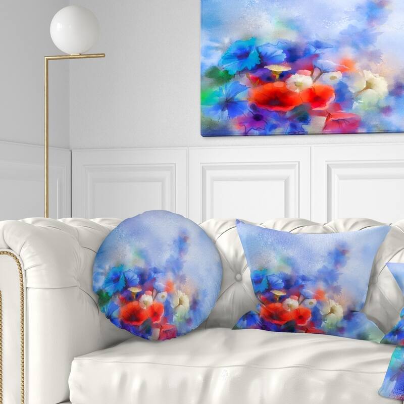 Designart 'Blue Corn Flowers and Red Poppies' Floral Throw Pillow - Round - 16 inches round - Small