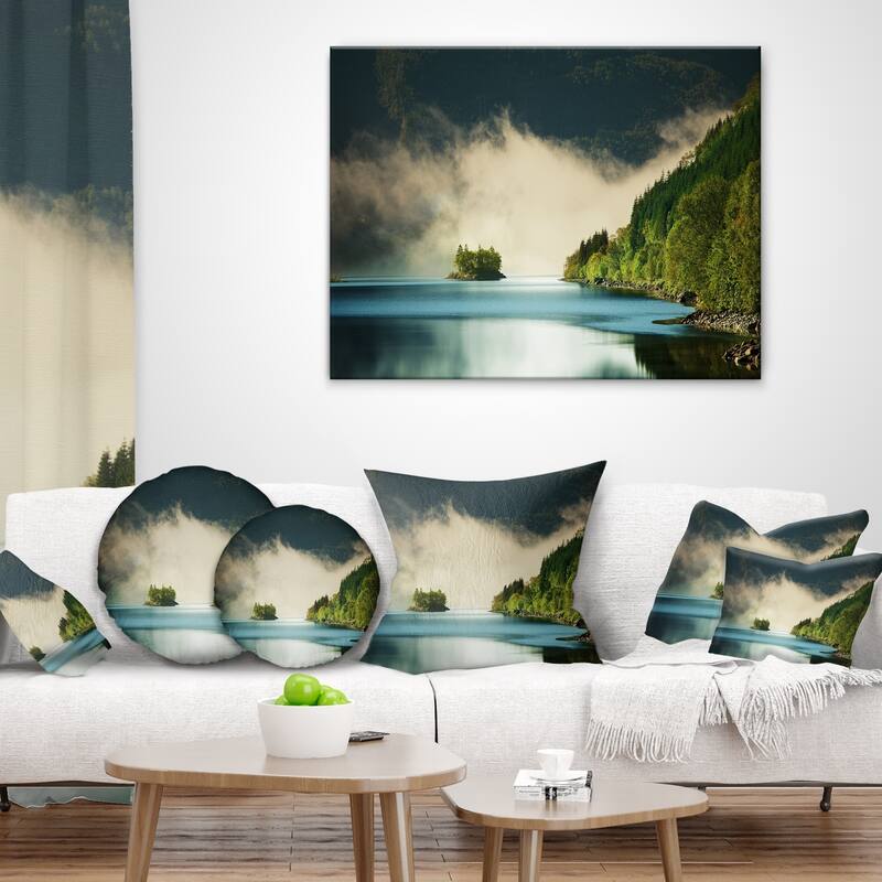 Designart 'Beautiful Lake By Green Mountains' Landscape Printed Throw Pillow