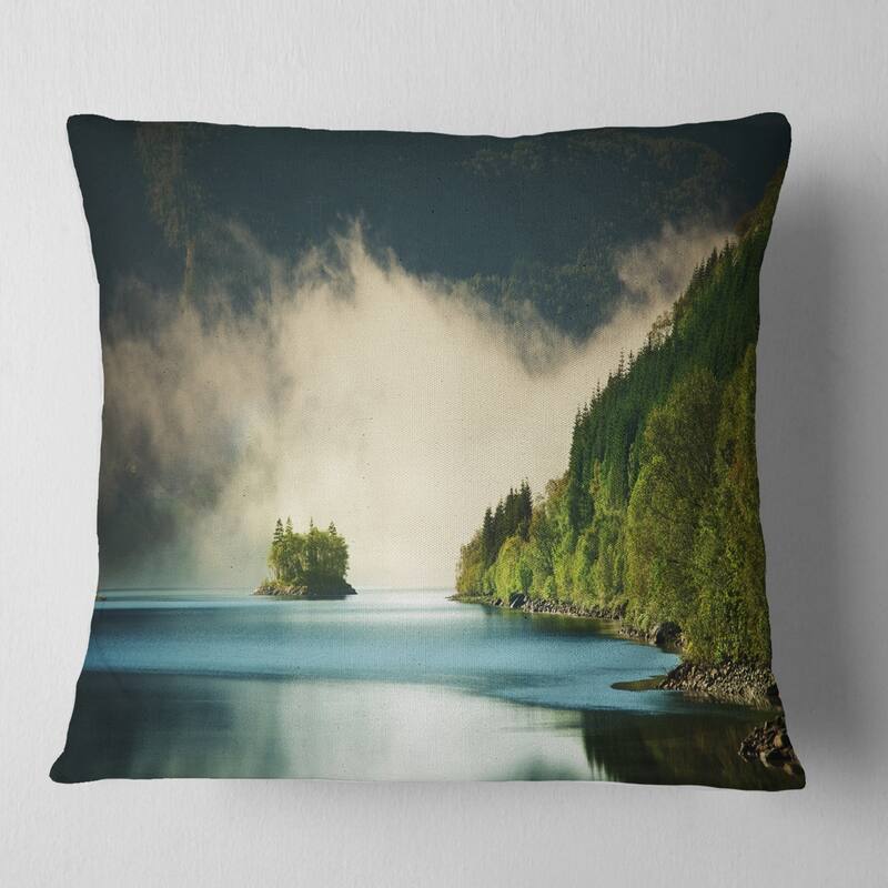 Designart 'Beautiful Lake By Green Mountains' Landscape Printed Throw Pillow - Square - 16 in. x 16 in. - Small