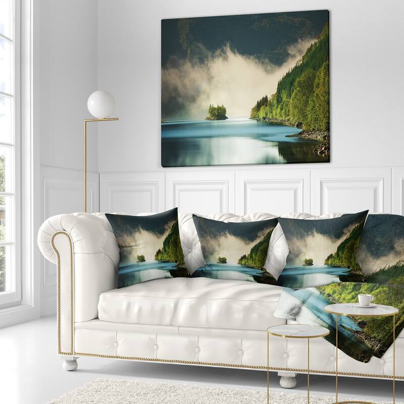 Designart 'Beautiful Lake By Green Mountains' Landscape Printed Throw Pillow