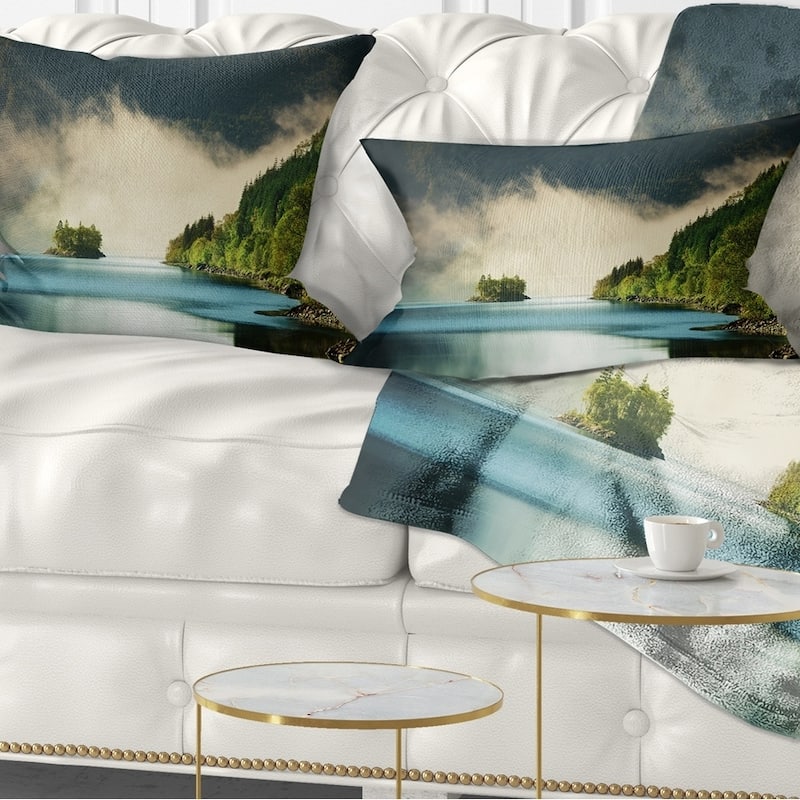 Designart 'Beautiful Lake By Green Mountains' Landscape Printed Throw Pillow - Rectangle - 12 in. x 20 in. - Medium