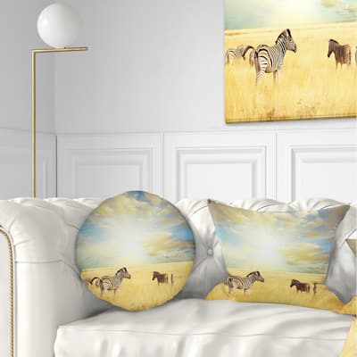 Designart 'Sunset over Grassland with Zebras' African Landscape Printed Throw Pillow