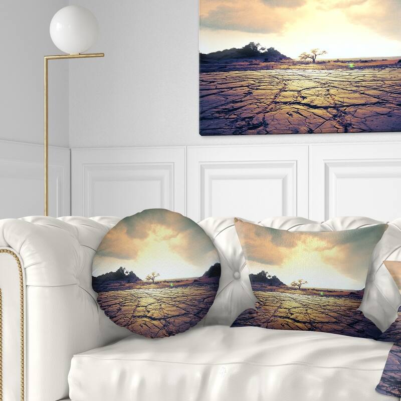 Designart 'Cracked Drought Land with Sunshine' Landscape Printed Throw Pillow - Round - 20 inches round - Large