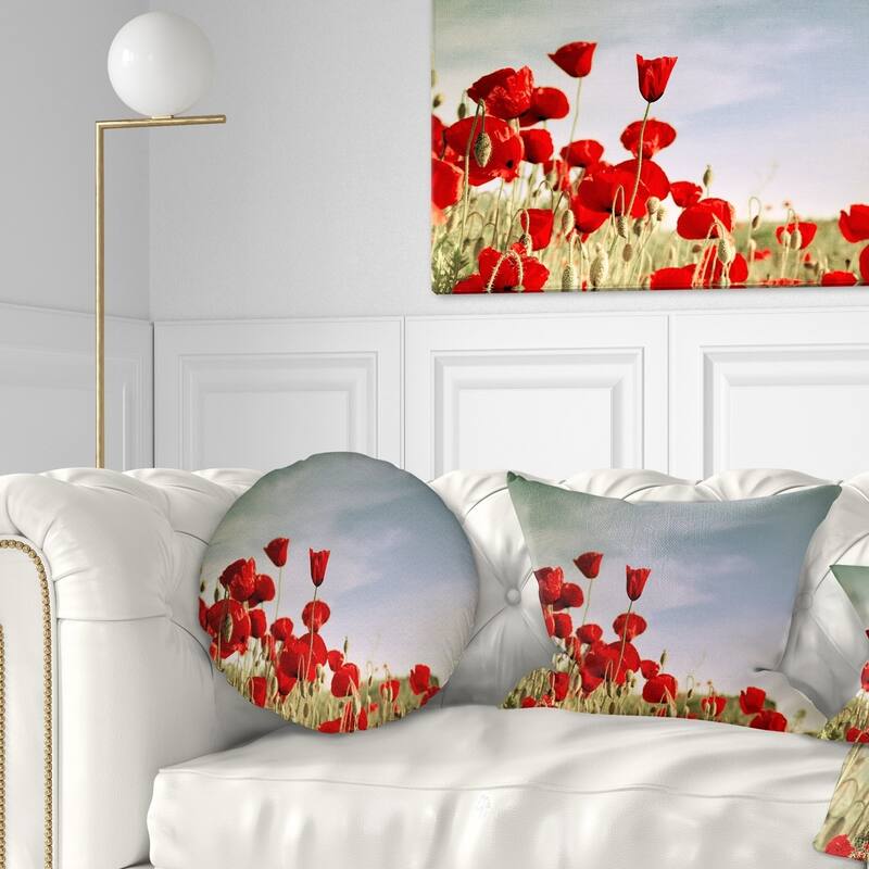 Designart 'Flourishing Red Poppies' Floral Throw Pillow - Round - 16 inches round - Small