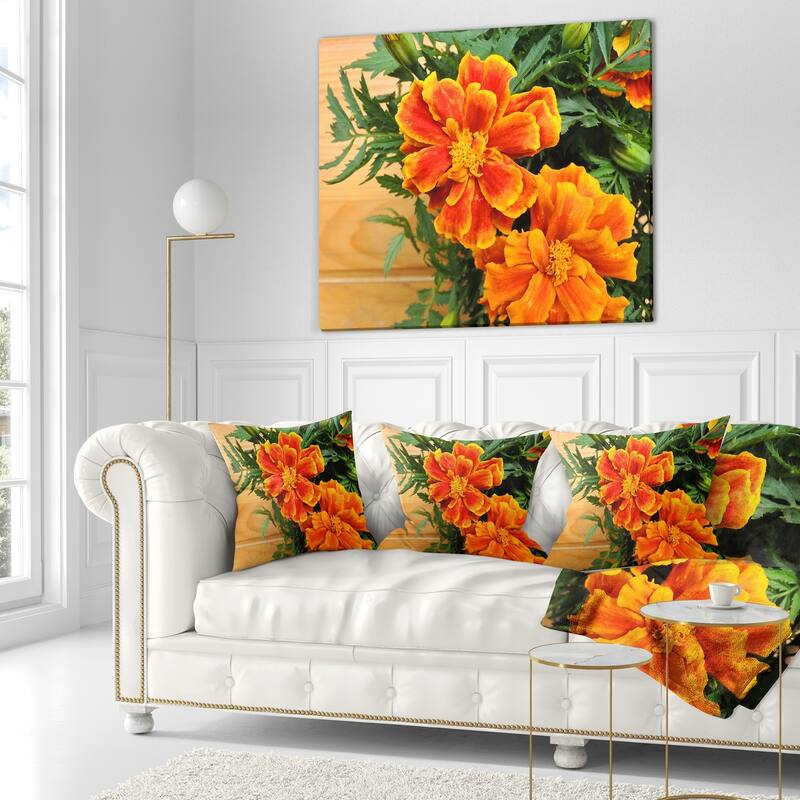 Designart 'Marigold Flower on Wooden Background' Floral Throw Pillow