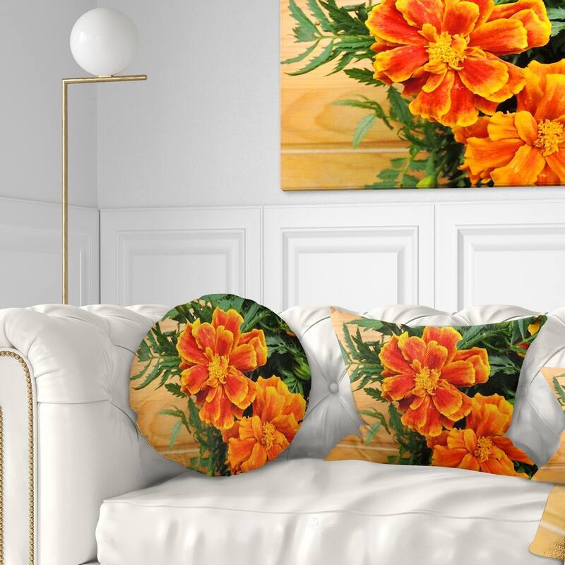 Designart 'Marigold Flower on Wooden Background' Floral Throw Pillow - Round - 16 inches round - Small