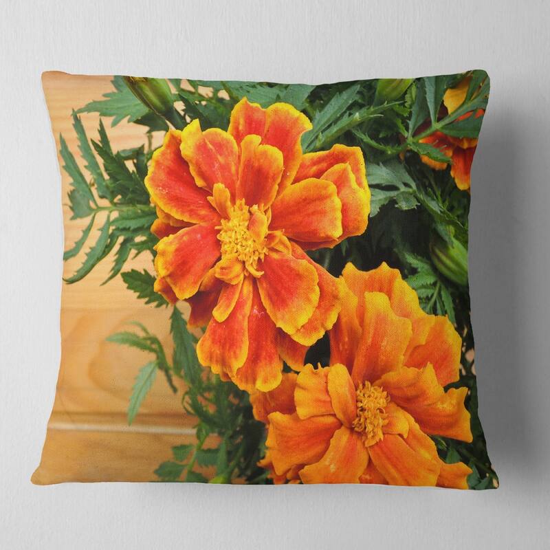 Designart 'Marigold Flower on Wooden Background' Floral Throw Pillow - Square - 26 in. x 26 in. - Large