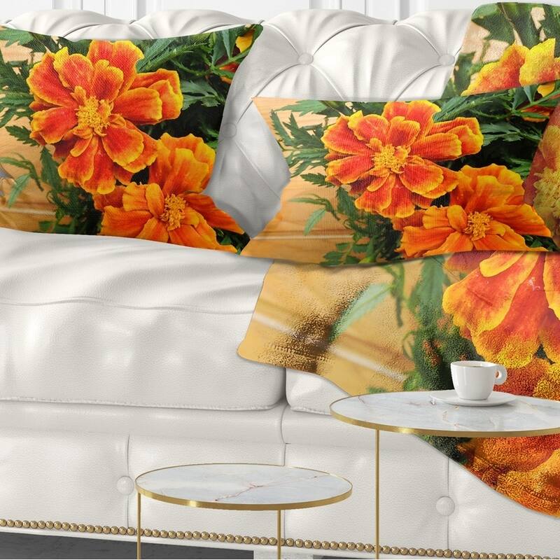 Designart 'Marigold Flower on Wooden Background' Floral Throw Pillow - Rectangle - 12 in. x 20 in. - Medium