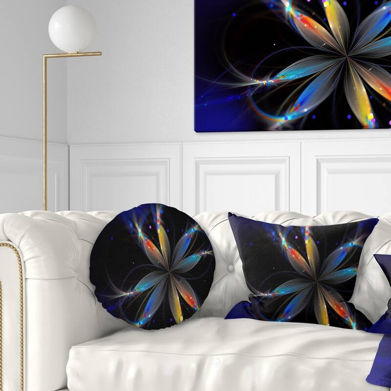 Designart 'Abstract Fractal Flower on Black' Floral Throw Pillow - Round - 16 inches round - Small
