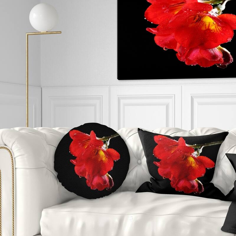Designart 'Freesia Flower on Black Background' Floral Throw Pillow - Round - 20 inches round - Large