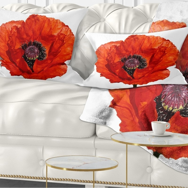 Designart 'Red Poppy Blossom Close Up' Floral Throw Pillow - Rectangle - 12 in. x 20 in. - Medium