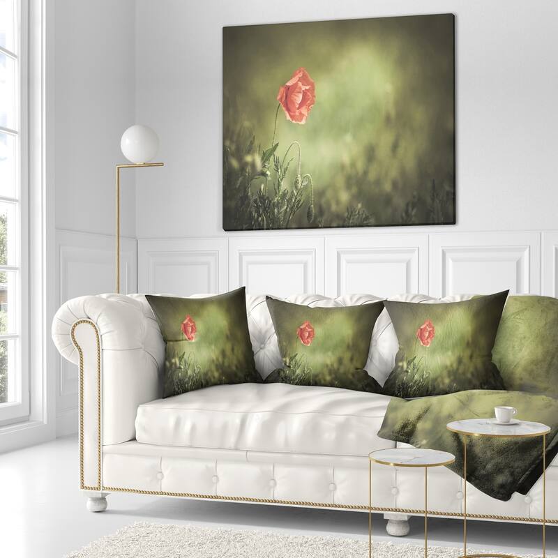 Designart 'Red Wild Poppy Flower on Green' Floral Throw Pillow