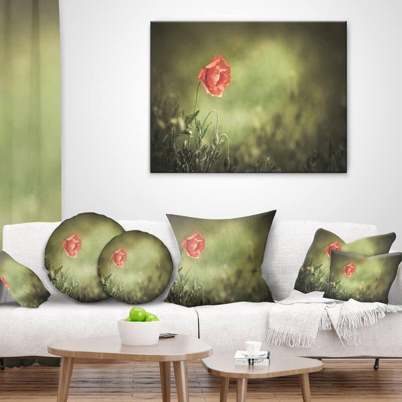 Designart 'Red Wild Poppy Flower on Green' Floral Throw Pillow