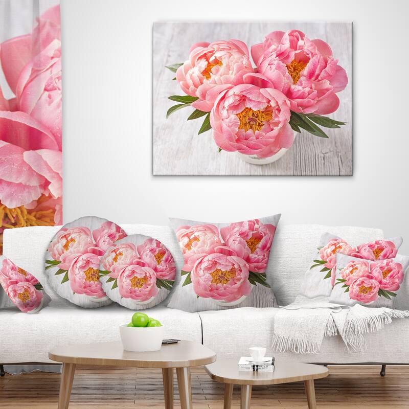 Designart 'Peony Flowers on White Floor' Floral Throw Pillow