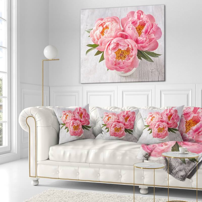 Designart 'Peony Flowers on White Floor' Floral Throw Pillow