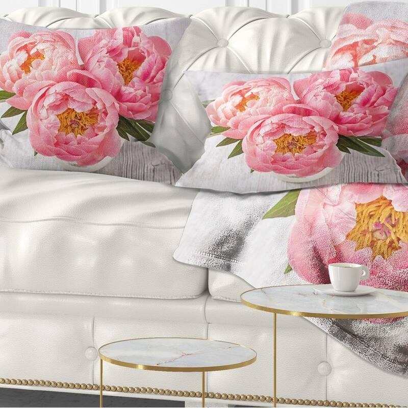 Designart 'Peony Flowers on White Floor' Floral Throw Pillow - Rectangle - 12 in. x 20 in. - Medium