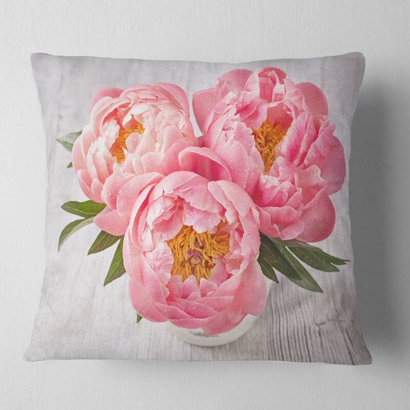 Designart 'Peony Flowers on White Floor' Floral Throw Pillow - Square - 16 in. x 16 in. - Small
