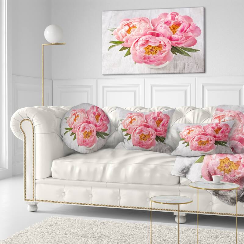 Designart 'Peony Flowers on White Floor' Floral Throw Pillow
