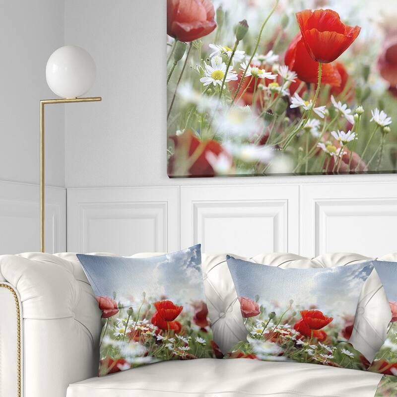 Designart 'Red Poppies on Cloudy Background' Floral Throw Pillow - Square - 16 in. x 16 in. - Small