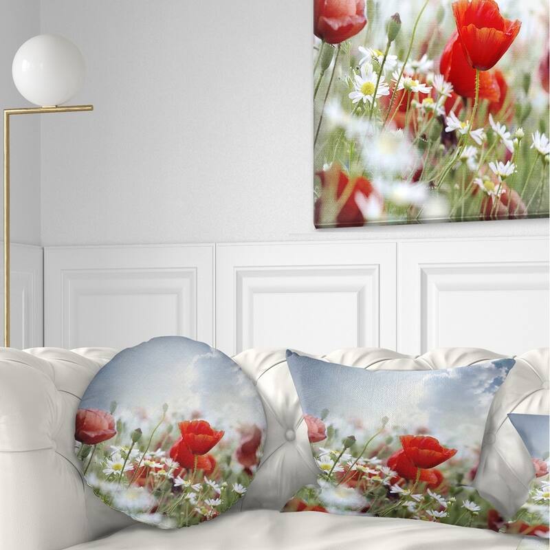 Designart 'Red Poppies on Cloudy Background' Floral Throw Pillow - Round - 20 inches round - Large