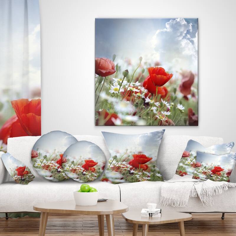 Designart 'Red Poppies on Cloudy Background' Floral Throw Pillow
