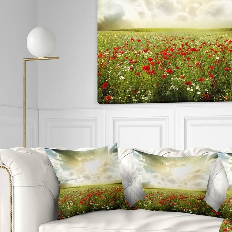 Designart 'Dramatic Sky over Poppy Field' Landscape Printed Throw Pillow - Square - 16 in. x 16 in. - Small