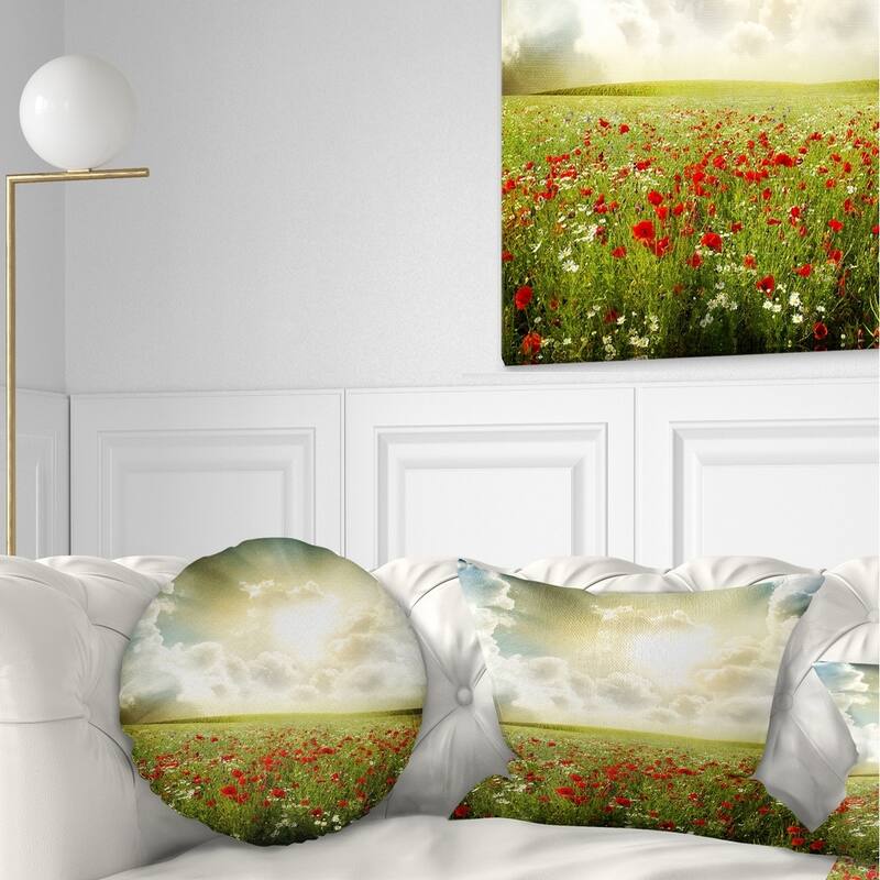 Designart 'Dramatic Sky over Poppy Field' Landscape Printed Throw Pillow - Round - 16 inches round - Small
