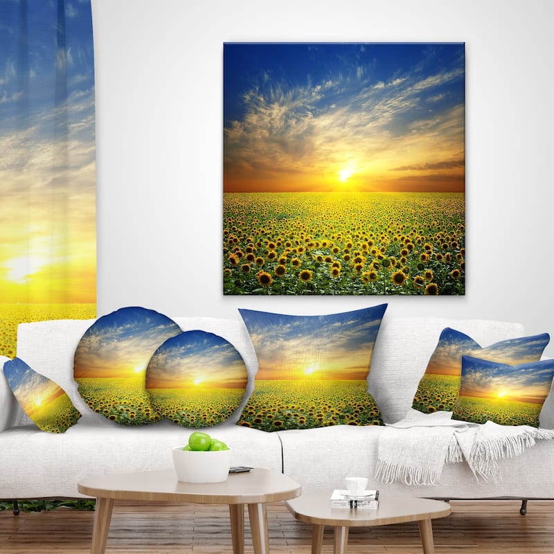 Designart 'Beauty Sunset over Sunflowers Field' Floral Throw Pillow