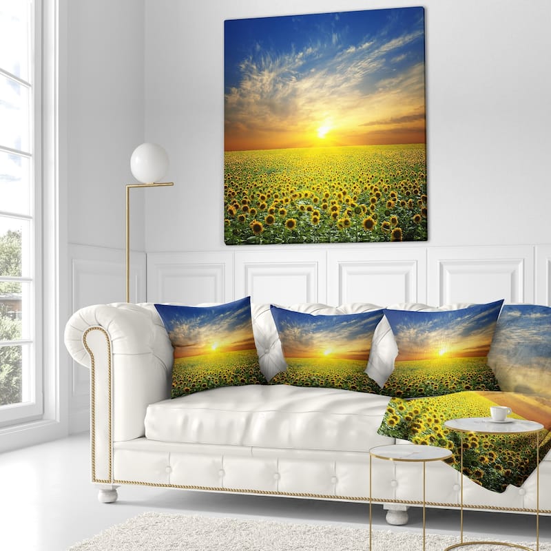 Designart 'Beauty Sunset over Sunflowers Field' Floral Throw Pillow