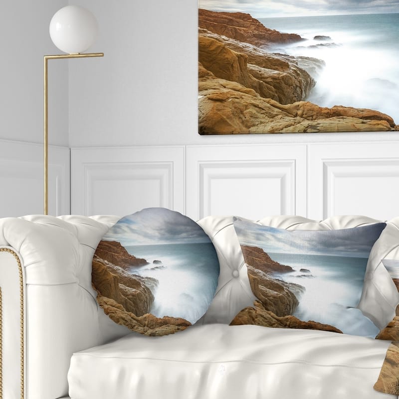 Designart 'Dark Red Rocks and Foam Waves' Seascape Throw Pillow - Round - 16 inches round - Small