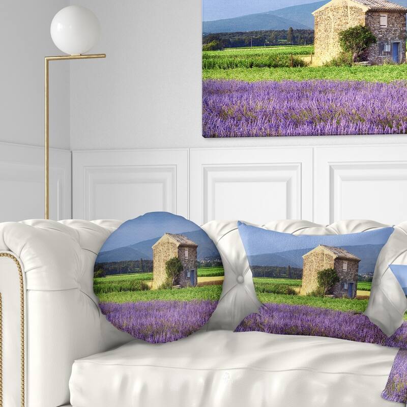 Designart 'House in the Lavender Field' Landscape Printed Throw Pillow - Round - 16 inches round - Small