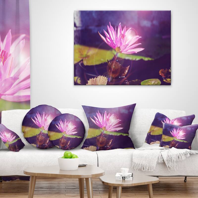 Designart 'Pink Lotus Flower on Blue Background' Floral Throw Pillow