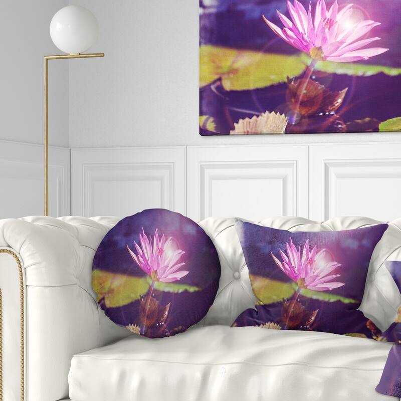 Designart 'Pink Lotus Flower on Blue Background' Floral Throw Pillow - Round - 20 inches round - Large