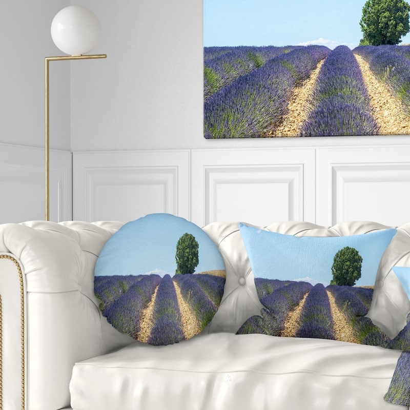 Designart 'Beautiful Rows of Lavender in France' Landscape Printed Throw Pillow - Round - 16 inches round - Small