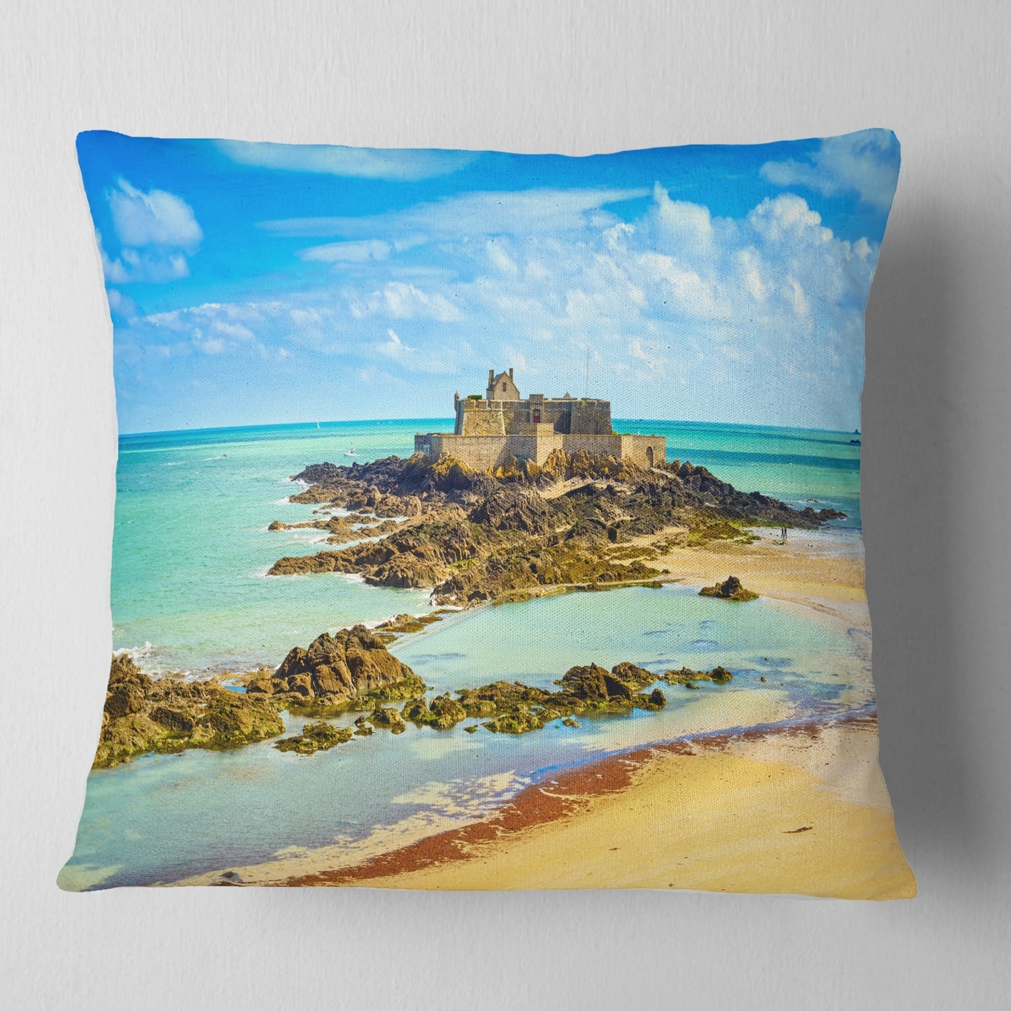 Designart 'Saint Malo Fort National Beach' Seascape Throw Pillow